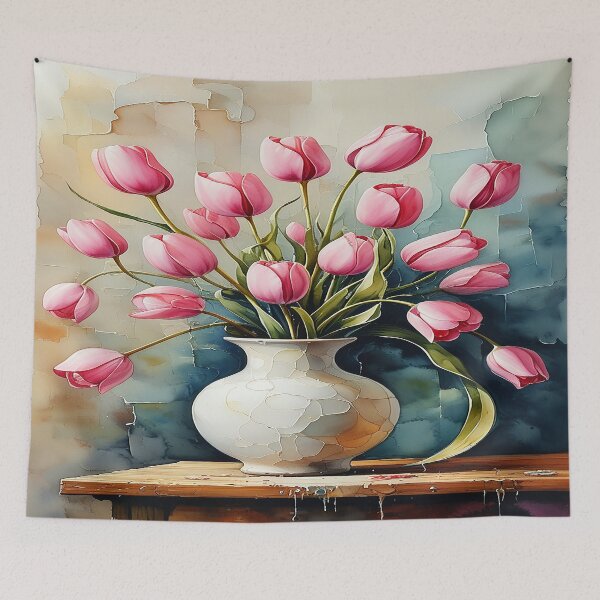 Item preview, Watercolor painting of pink tulips in a vase 3 designed and sold by DinsignStudio.