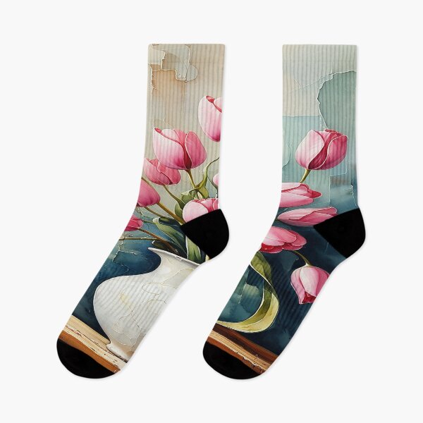 Item preview, Watercolor painting of pink tulips in a vase 3 designed and sold by DinsignStudio.