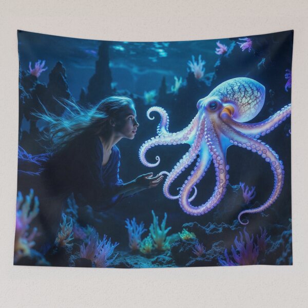 Item preview, Underwater Enchantment: Young Woman and Bioluminescent Octopus in Underwater Cavern designed and sold by AdamSpade.