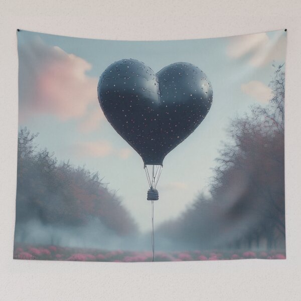 Item preview, Black heart-shaped balloon over a pink flower field designed and sold by Mianku | Für das Leben.