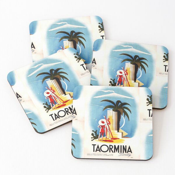 Item preview, Vintage Taormina Travel Poster | Mid-Century Art Deco Style | Sicily Print with Mount Etna & Palm Tree | Mediterranean Decor designed and sold by artofuniverse.