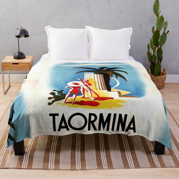 Item preview, Vintage Taormina Travel Poster | Mid-Century Art Deco Style | Sicily Print with Mount Etna & Palm Tree | Mediterranean Decor designed and sold by artofuniverse.