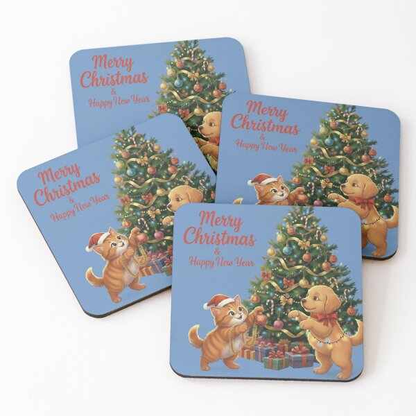 Item preview, Merry Christmas & Happy New Year – Cute Cat and Puppy Decorating Tree Art designed and sold by DroolWorthyUS.
