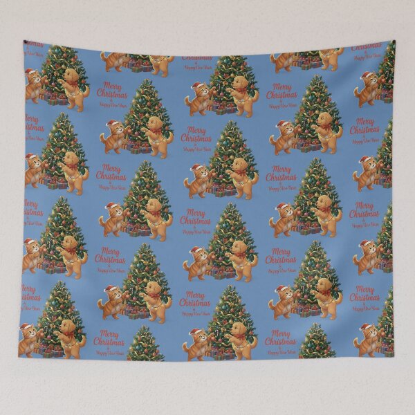 Item preview, Merry Christmas & Happy New Year – Cute Cat and Puppy Decorating Tree Art designed and sold by DroolWorthyUS.