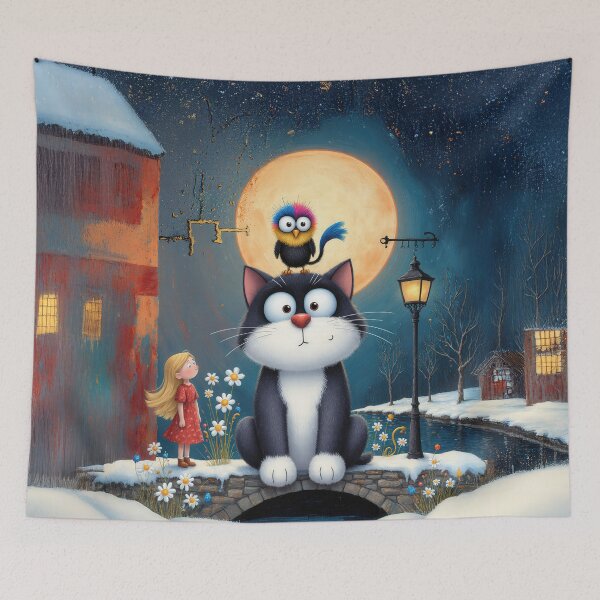 Item preview, Curious Cat on Moonlit Bridge – Whimsical Nighttime Animal Art designed and sold by Whimsical Hug.