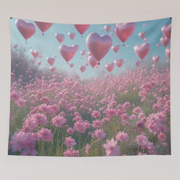 Item preview, Pink flower field with heart-shaped balloons designed and sold by Mianku | Für das Leben.