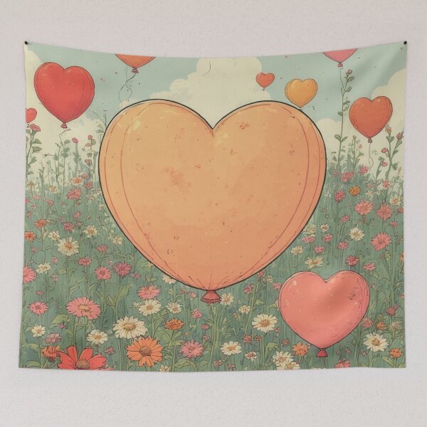 Item preview, A meadow of flowers with heart-shaped balloons in the sky designed and sold by Mianku | Für das Leben.