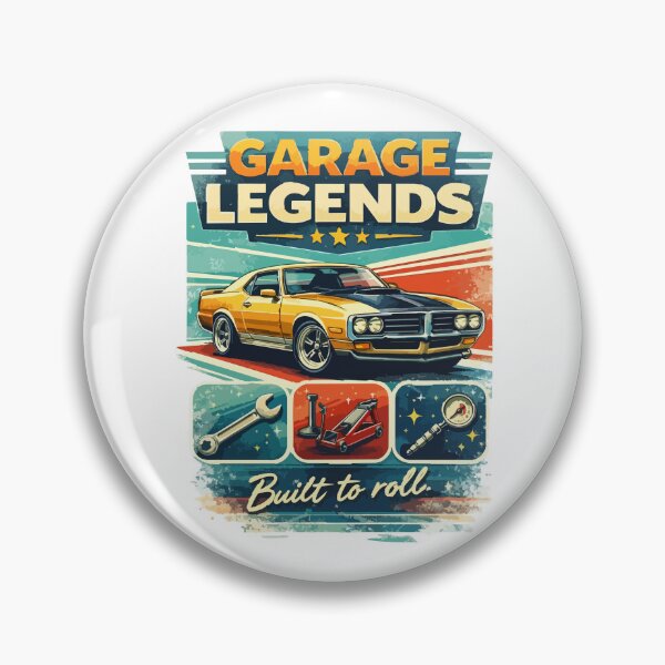 Item preview, Garage Legends – Built to Roll Retro Muscle Car & Tools Badge designed and sold by BeetleDots.
