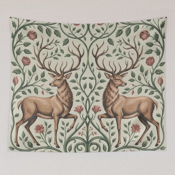 Item preview, William Morris Style Woodland Stags Pattern | Arts & Crafts Deer Botanical Wallpaper Art designed and sold by Tamas Das.
