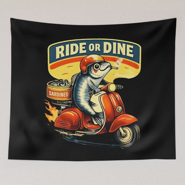 Item preview, Sardines Ride or Dine Retro Biker Tinned Fish Art designed and sold by ZuToMi.