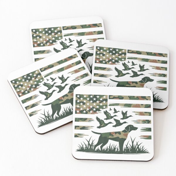 Item preview, Camouflage Hunting Dog Illustration With Ducks And Rustic Flag Design designed and sold by Altenpendinton.