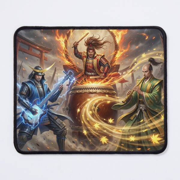 Item preview, Samurai Battle Concert — Lightning Guitar, Flaming Taiko, Mystic Flute | Japanese Warrior Fantasy Art | Mori no Akari Series designed and sold by Mori-no-Akari.