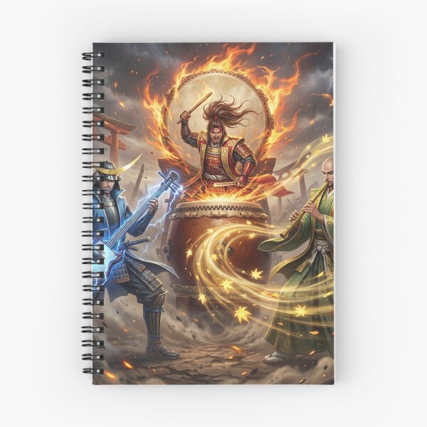 Item preview, Samurai Battle Concert — Lightning Guitar, Flaming Taiko, Mystic Flute | Japanese Warrior Fantasy Art | Mori no Akari Series designed and sold by Mori-no-Akari.
