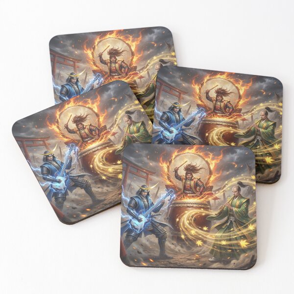 Item preview, Samurai Battle Concert — Lightning Guitar, Flaming Taiko, Mystic Flute | Japanese Warrior Fantasy Art | Mori no Akari Series designed and sold by Mori-no-Akari.