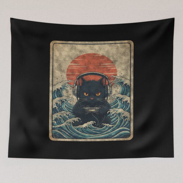 Item preview, Gamer Cat Japanese Wave Vintage Gaming Art designed and sold by FreshVibe Prints.