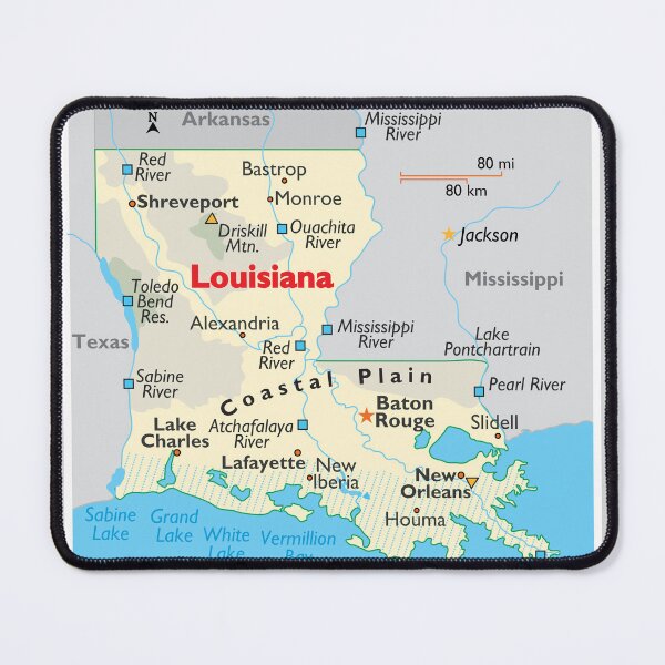 Item preview, Louisiana State Map with Cities and Rivers designed and sold by WorldAtlas.com.