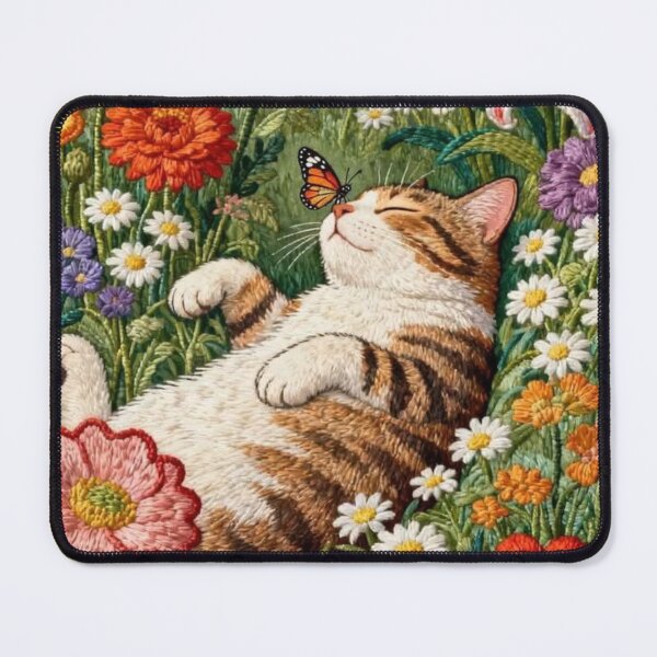 Item preview, Cute Embroidered Cat with Floral Wreath Art Print designed and sold by edvandris.