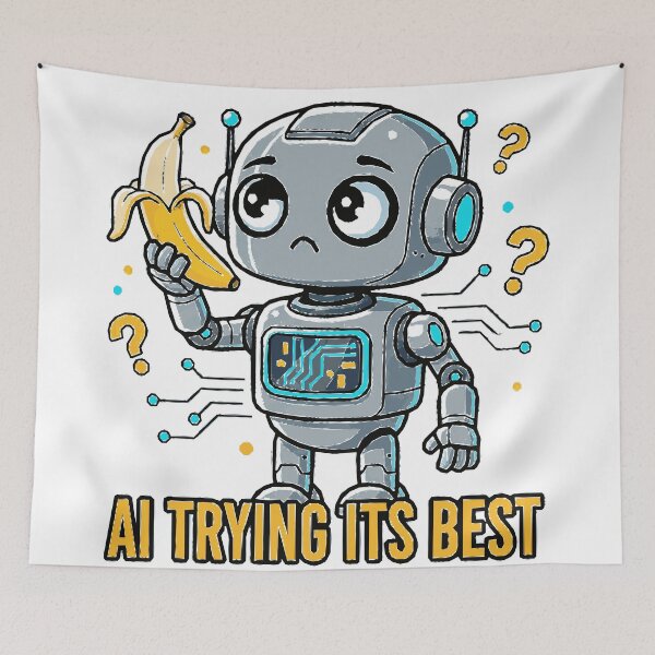 Item preview, Confused AI Robot With Banana Digital Illustration designed and sold by MartinxMarie.