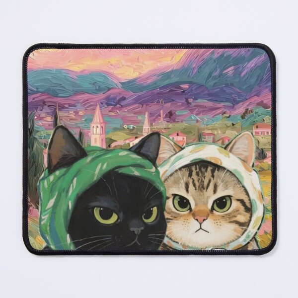 Item preview, Starry Night Cats Art – Cute Cats in Headscarves, Van Gogh Inspired Fantasy Landscape designed and sold by edvandris.