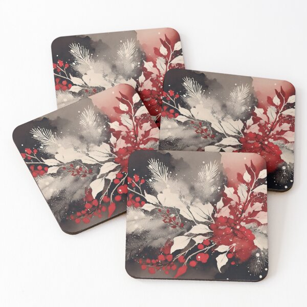 Item preview, Crimson red, beige and black abstract leaf botanicals winter holiday season florals and foliage, Festive flowers berries  designed and sold by navitalidesign.