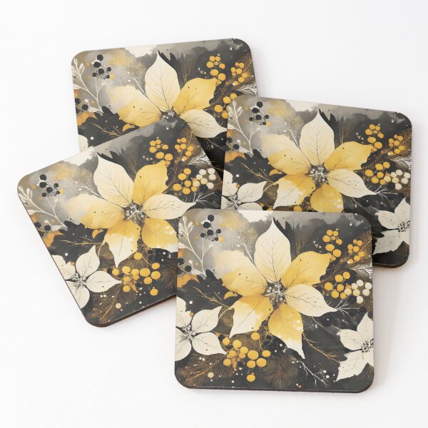 Item preview, Mustard yellow, beige and black abstract leaf botanicals winter holiday season florals and foliage, Festive flowers berries  designed and sold by navitalidesign.