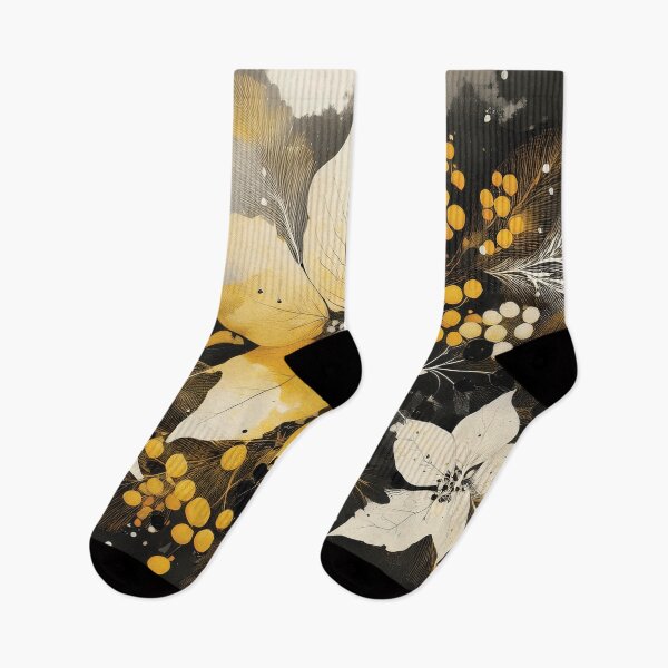 Item preview, Mustard yellow, beige and black abstract leaf botanicals winter holiday season florals and foliage, Festive flowers berries  designed and sold by navitalidesign.