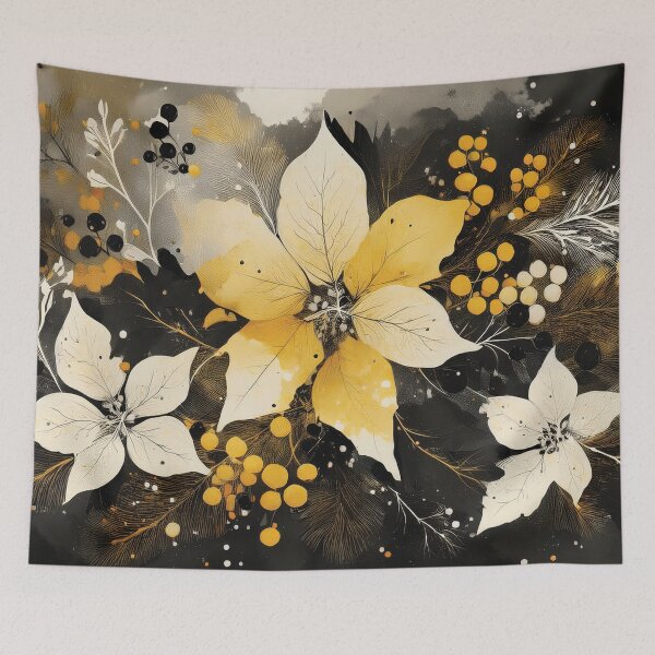 Item preview, Mustard yellow, beige and black abstract leaf botanicals winter holiday season florals and foliage, Festive flowers berries  designed and sold by navitalidesign.