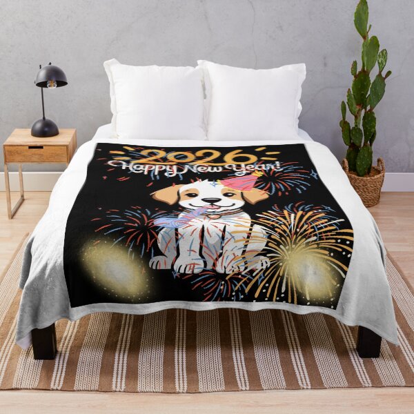 Item preview, Happy New Year 2026 Cute Puppy Dog with Party Hat and Fireworks designed and sold by Extremeallie.