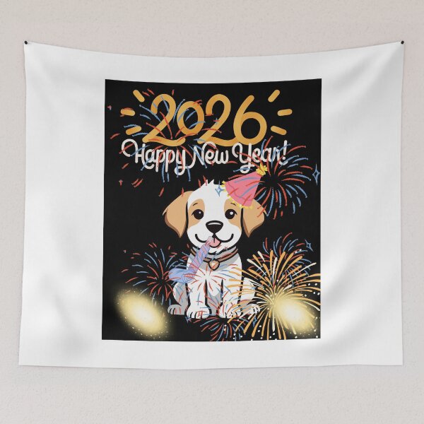 Item preview, Happy New Year 2026 Cute Puppy Dog with Party Hat and Fireworks designed and sold by Extremeallie.