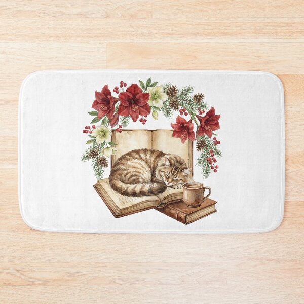 Item preview, Cozy Sleeping Cat on Books Winter Floral Watercolor designed and sold by EverBranz-stor.
