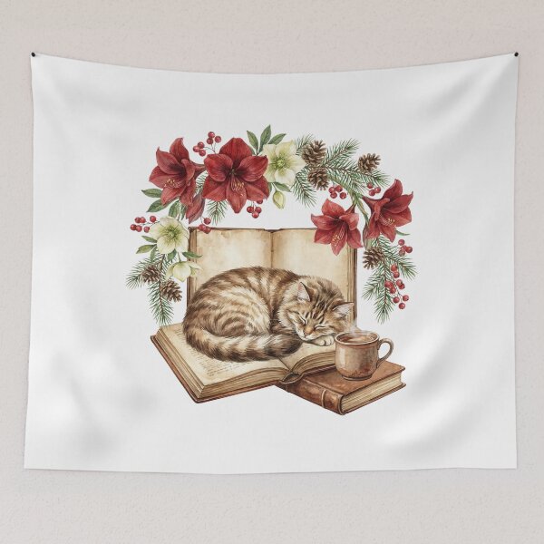 Item preview, Cozy Sleeping Cat on Books Winter Floral Watercolor designed and sold by EverBranz-stor.