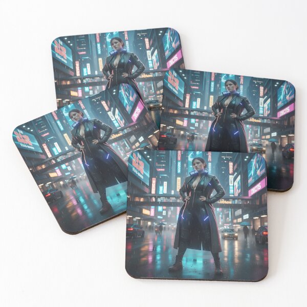 Item preview, Neon Rain Cyberpunk Girl – Futuristic Woman in Glowing Trench Coat designed and sold by SunsetAngelsAI.