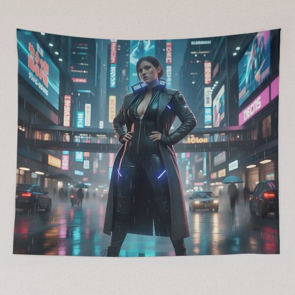 Item preview, Neon Rain Cyberpunk Girl – Futuristic Woman in Glowing Trench Coat designed and sold by SunsetAngelsAI.