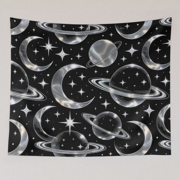 Item preview, Holographic Celestial Pattern – Moons, Stars, and Planets on Black designed and sold by SplashTastic.