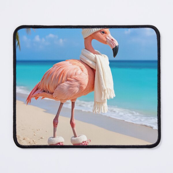Item preview, Flamingo Wearing Winter Attire on a Beach designed and sold by Maria Dryfhout.