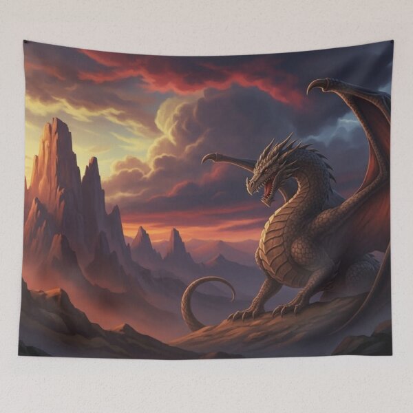 Item preview, Majestic Mountain Dragon - Epic Fantasy Sunset Landscape designed and sold by Creatuer Handling Protocols.