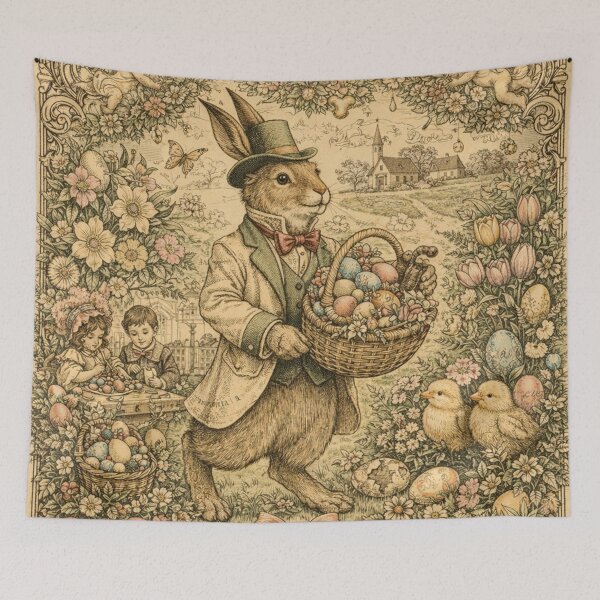Item preview, Vintage Victorian Easter Bunny Bookplate Illustration – Antique Engraved Spring Rabbit with Pastel Eggs, Chicks, Floral Border & Cherubs Printable Wall Art designed and sold by SezzyDesigns.