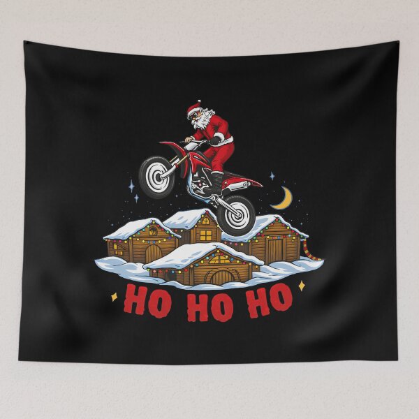 Item preview, Santa Claus Riding Motocross Dirt Bike Over Snowy Christmas Village Ho Ho Ho designed and sold by DrawHandArt.