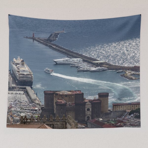Item preview, Naples Distinctive Harbor in Silver and Blue - Castles and Cruise Ships From Above designed and sold by Georgia Mizuleva.