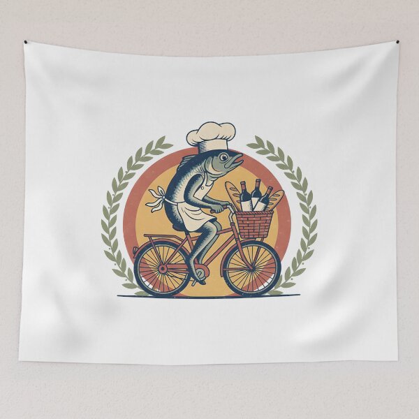 Item preview, Vintage French Chef Sardines Riding Bicycle Retro Food Illustration designed and sold by ZuToMi.