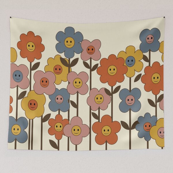 Item preview, Happy Retro Garden: 70s Smiley Face Floral Pattern designed and sold by DeeLulu.
