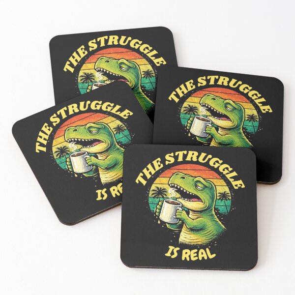 Item preview, The Struggle Is Real - Funny T-Rex Drinking Coffee Retro Sunset designed and sold by JakubDesigns89.