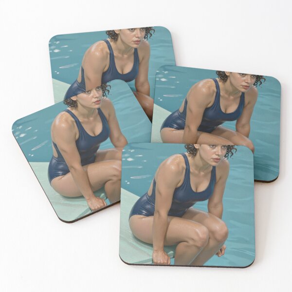 Item preview, Sarah in blue swimsuit at poolside with wet curls designed and sold by CathryneDelamort.