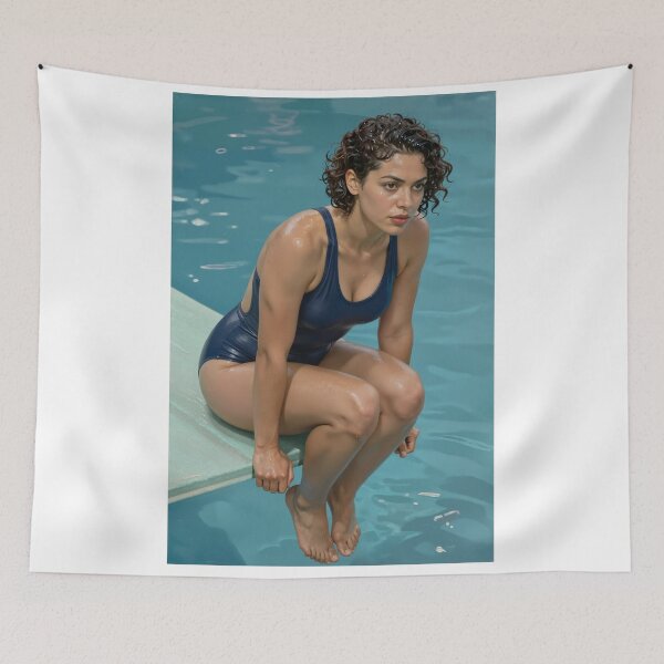 Item preview, Sarah in blue swimsuit at poolside with wet curls designed and sold by CathryneDelamort.