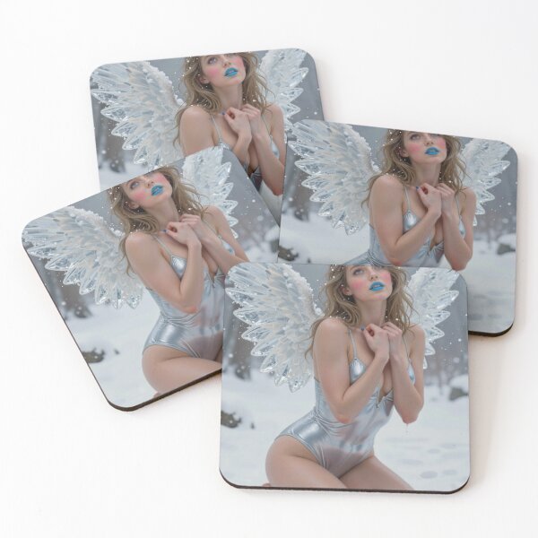 Item preview, Blonde angel with ice wings kneels in snowy forest designed and sold by CathryneDelamort.