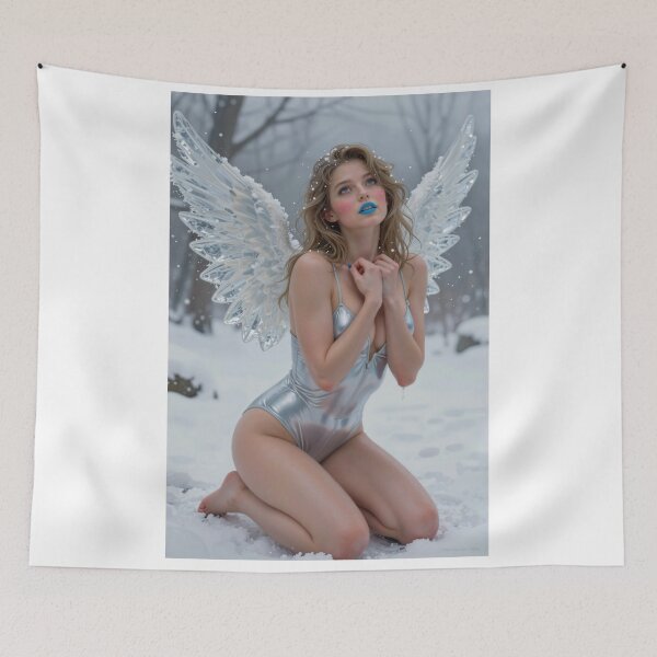 Item preview, Blonde angel with ice wings kneels in snowy forest designed and sold by CathryneDelamort.