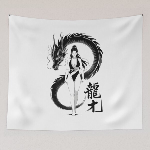 Item preview, Guardian Dragon girl Japanese Chinese Korean Ink Sumi-E Art Desing designed and sold by blacksealstudio.