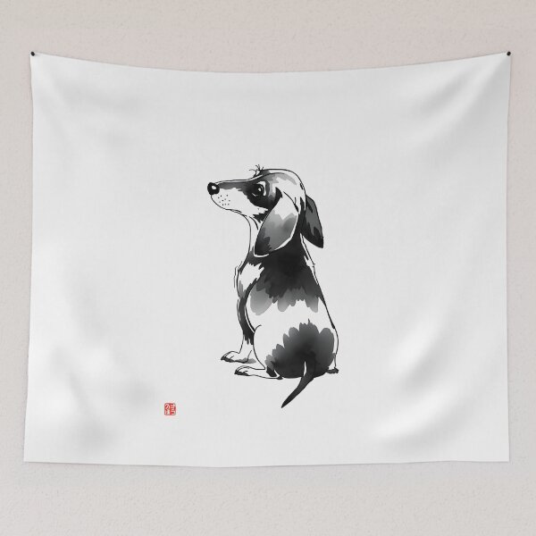 Item preview, Love Dachshund Japanese Chinese Korean Ink Sumi-E Art Desing designed and sold by blacksealstudio.