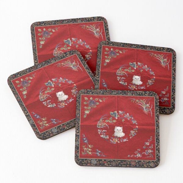 Item preview, Royal White Kitten on Red Silk Embroidery designed and sold by Auroracat2025.
