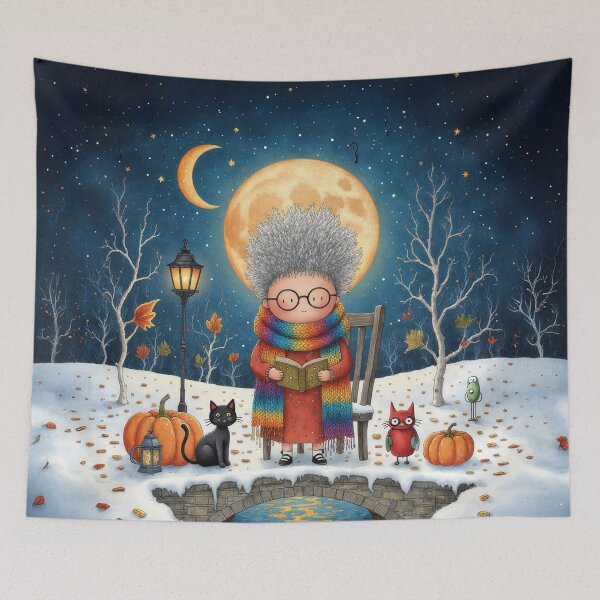 Item preview, Moonlit Storytime on a Winter Bridge – Whimsical Night Illustration designed and sold by Whimsical Hug.